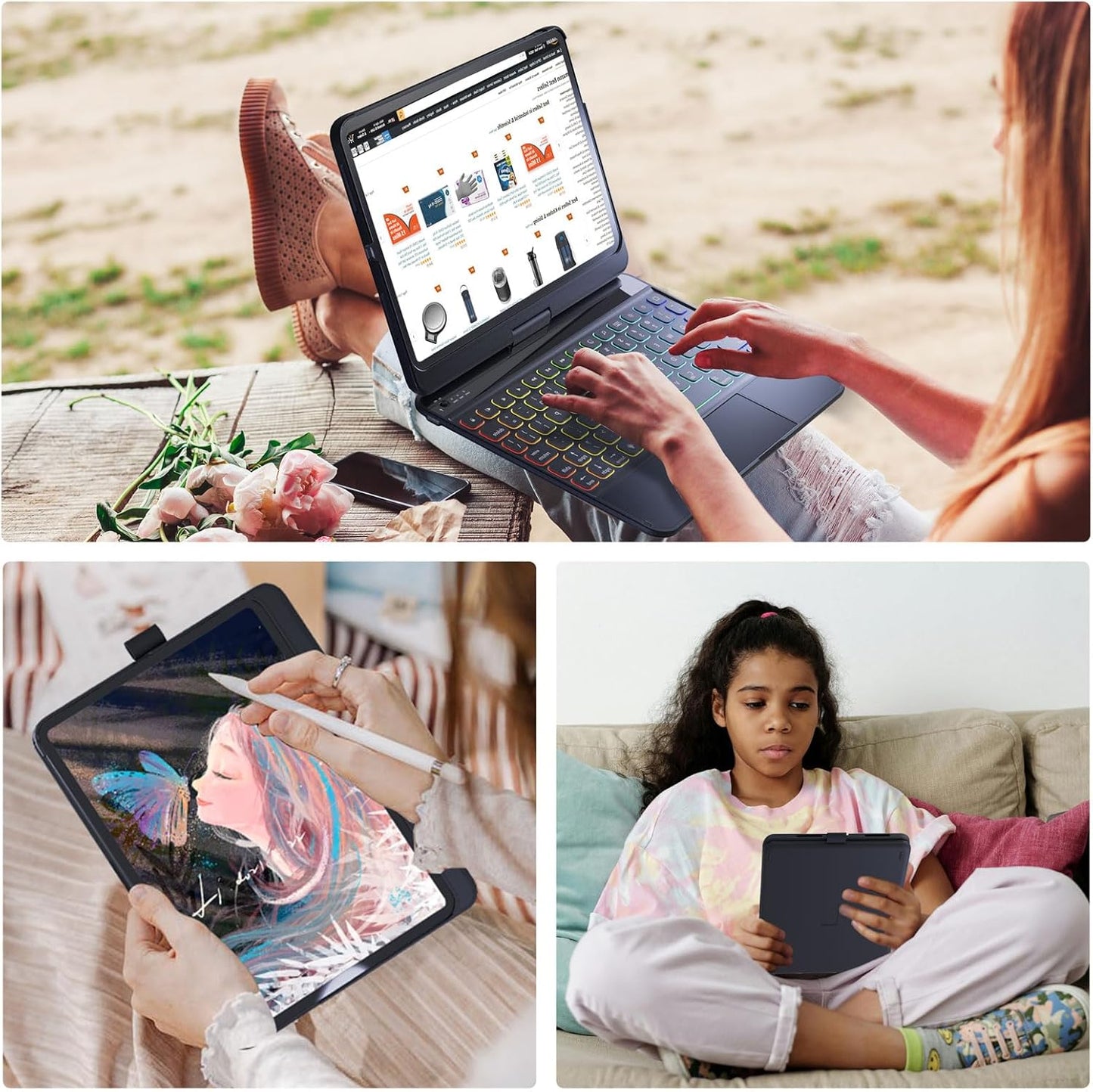 Ipad Air 11 Inch Case with Keyboard (M2) 2024, 360 Swivel, Pencil Holder, Backlit Keyboard for Ipad Pro 11 Inch 4Th/3Rd/2Nd/1St & Ipad Air 6Th/5Th/4Th 10.9" - Black
