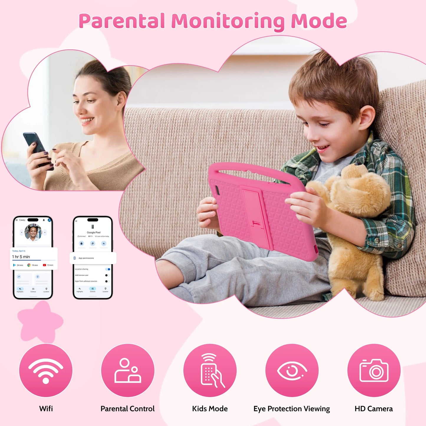 Kids Tablet 7 Inch Android 12 Tablet Pc with Wifi 32GB Tablet for Ages 2–8 Kids Tablet with Silicone Case Google Play Parental Control APP (32GB, Pink)