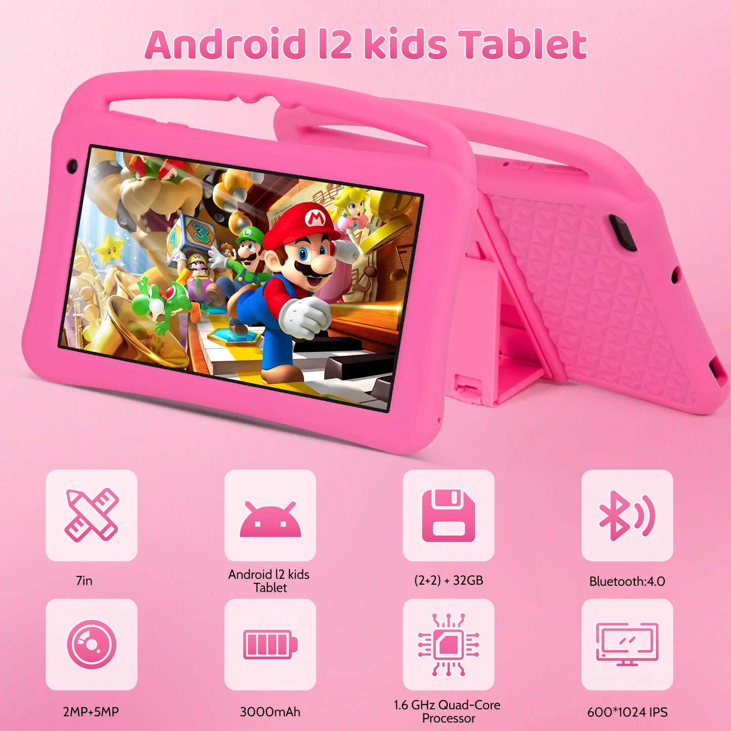 Kids Tablet 7 Inch Android 12 Tablet Pc with Wifi 32GB Tablet for Ages 2–8 Kids Tablet with Silicone Case Google Play Parental Control APP (32GB, Pink)