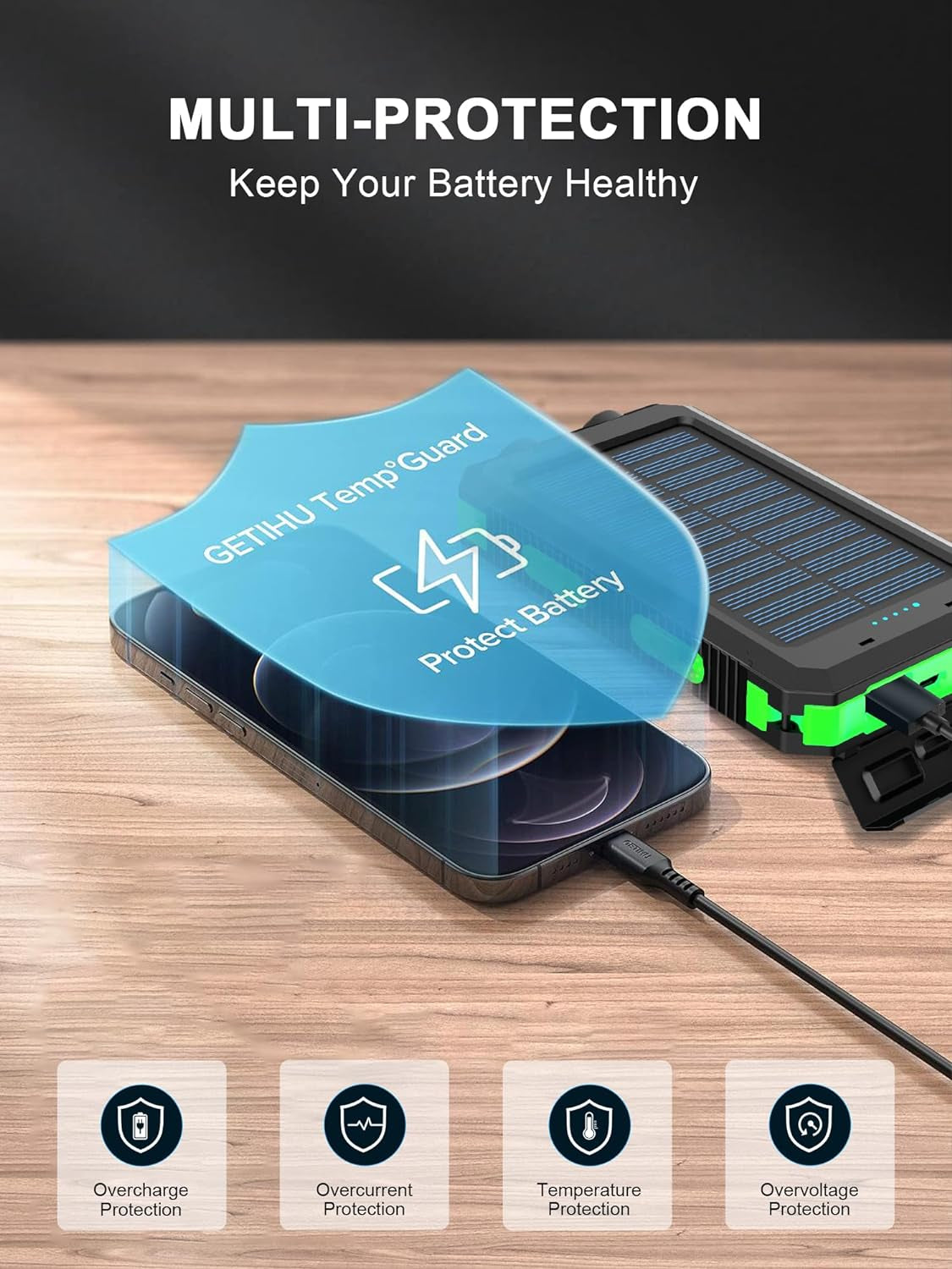 Solar Charger Power Bank - Portable Solar Phone Charger with LED Flashlight, IP65 Waterproof External Battery Pack Perfect for Outdoor Activities (Green)