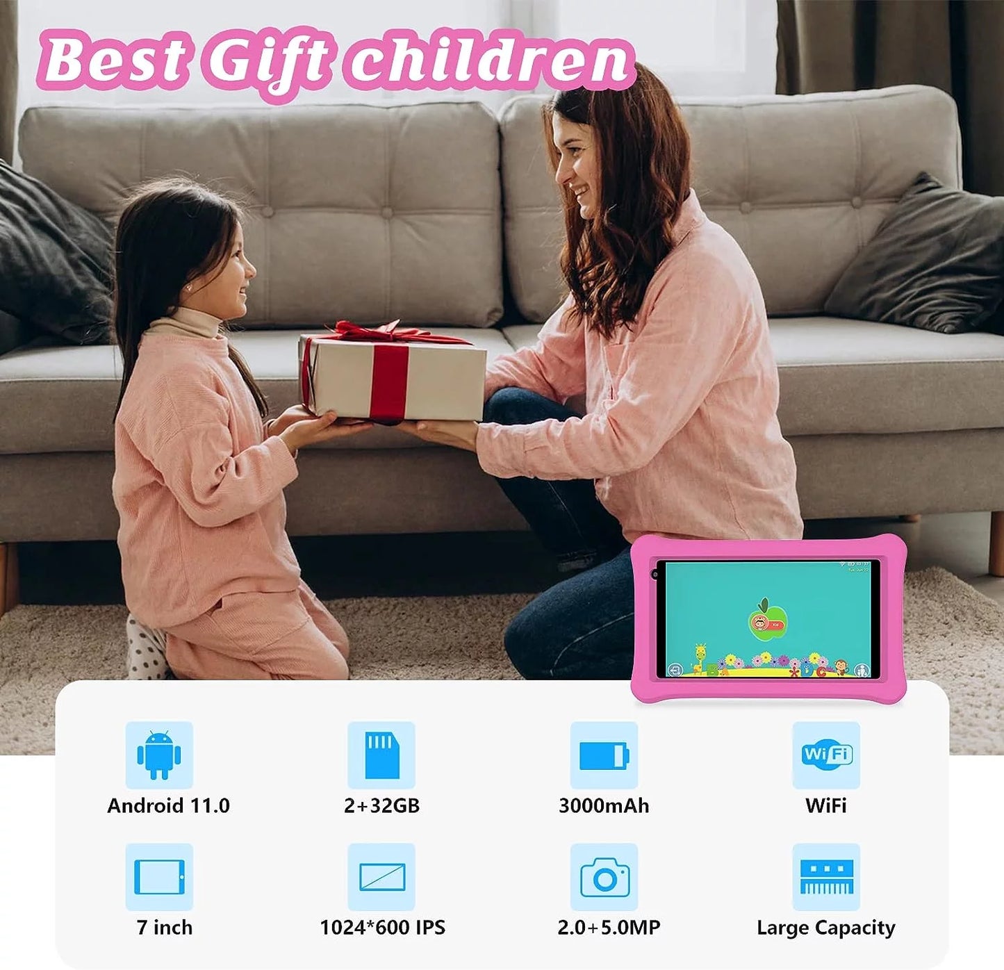 Kids Tablet, 7 Inch Androrid 12 Toddler Tablet for Kids 4GB RAM 32GB ROM Tablets, Google Certificated, Bluetooth, Wifi, Dual Camera, Parental Control Tablet with Case, Tablet for Learning