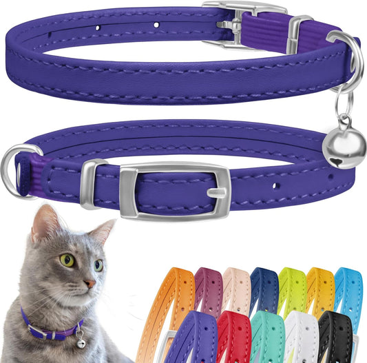 Leather Cat Collar, Kitten Collar with Removable Bell Black Blue Red Orange Lime Green (6-7 Inch, Purple)